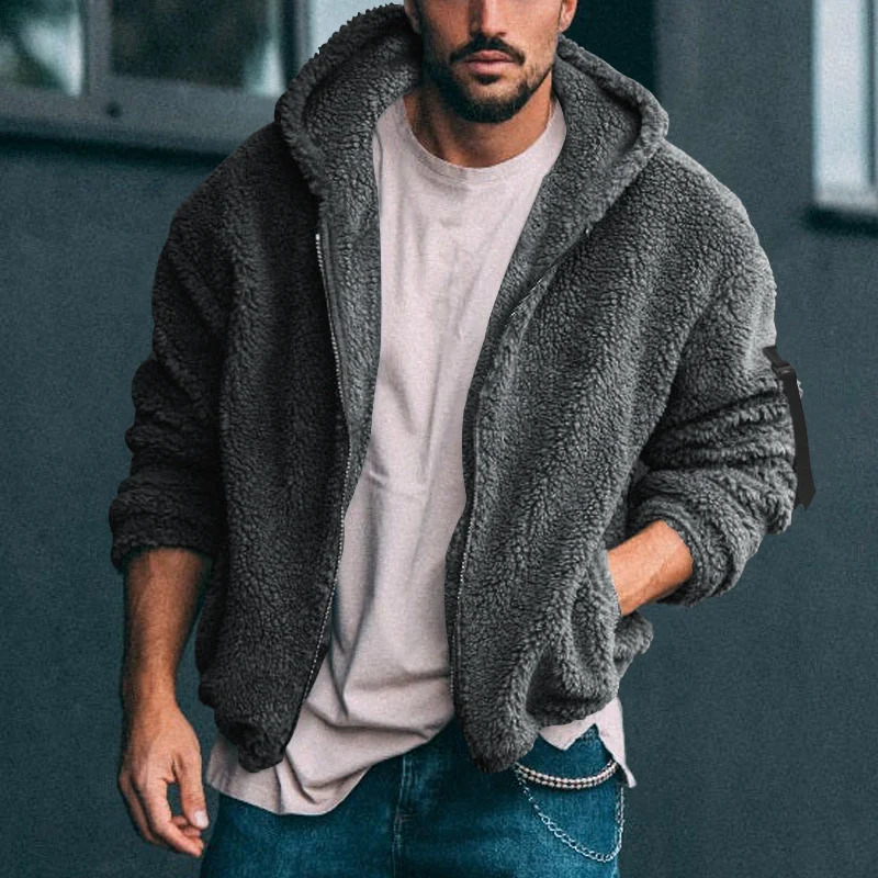 Herren Gefütterte Fleece-Kapuzenjacke mit Teddy-Finish, Reißverschluss und Seitentaschen Drune