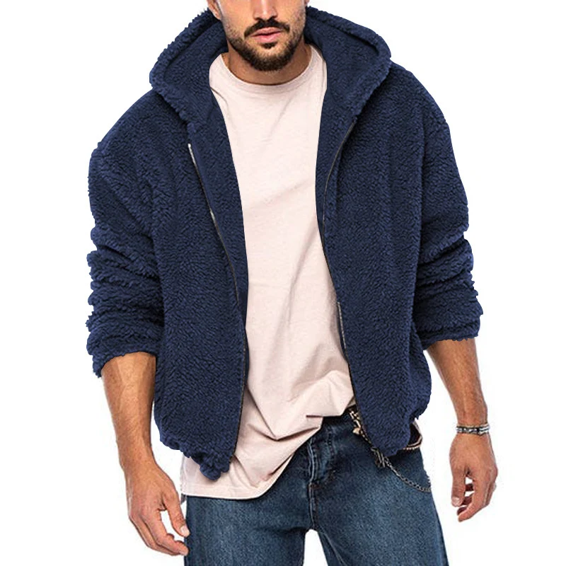 Herren Gefütterte Fleece-Kapuzenjacke mit Teddy-Finish, Reißverschluss und Seitentaschen Drune