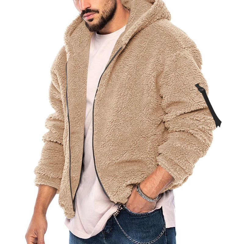 Herren Gefütterte Fleece-Kapuzenjacke mit Teddy-Finish, Reißverschluss und Seitentaschen Drune