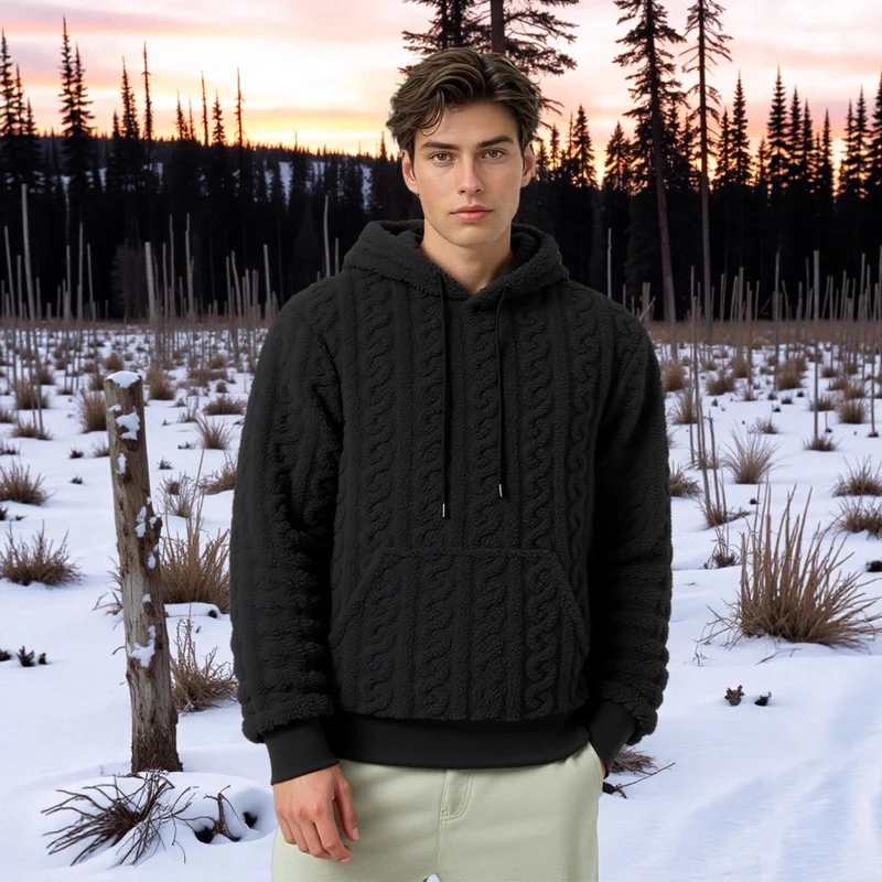 Herren Flauschiger Sherpa-Hoodie mit Zopfmuster, Kängurutasche und Rippbündchen Drune
