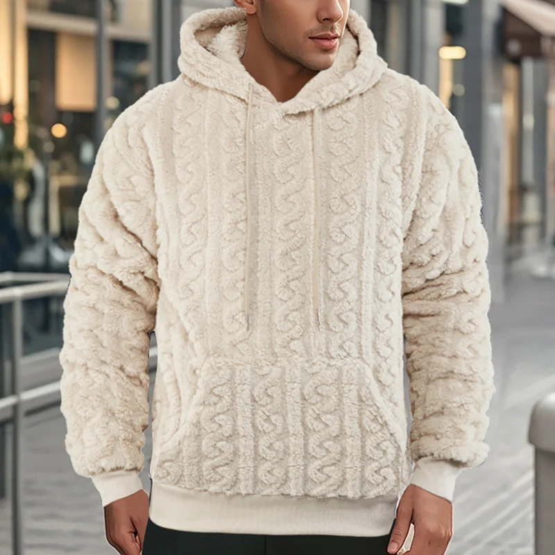 Herren Flauschiger Sherpa-Hoodie mit Zopfmuster, Kängurutasche und Rippbündchen Drune