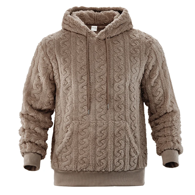 Herren Flauschiger Sherpa-Hoodie mit Zopfmuster, Kängurutasche und Rippbündchen Drune