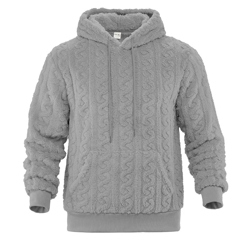 Herren Flauschiger Sherpa-Hoodie mit Zopfmuster, Kängurutasche und Rippbündchen Drune