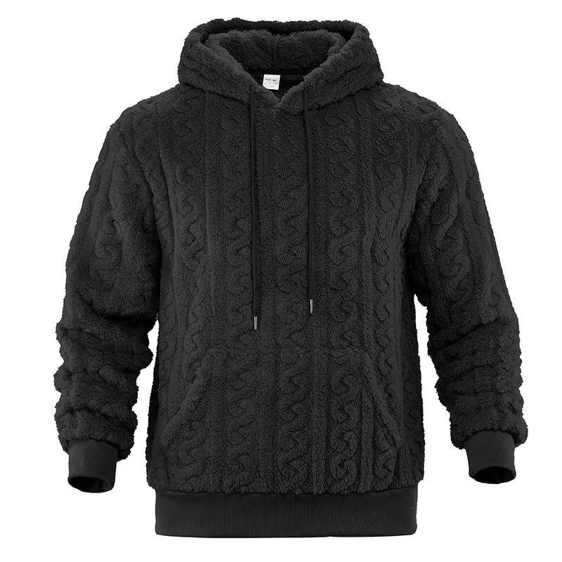 Herren Flauschiger Sherpa-Hoodie mit Zopfmuster, Kängurutasche und Rippbündchen Drune