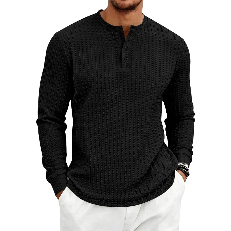Herren Feinstrukturiertes Henley-Langarmshirt mit Zopfmuster und Knopfleiste Drune
