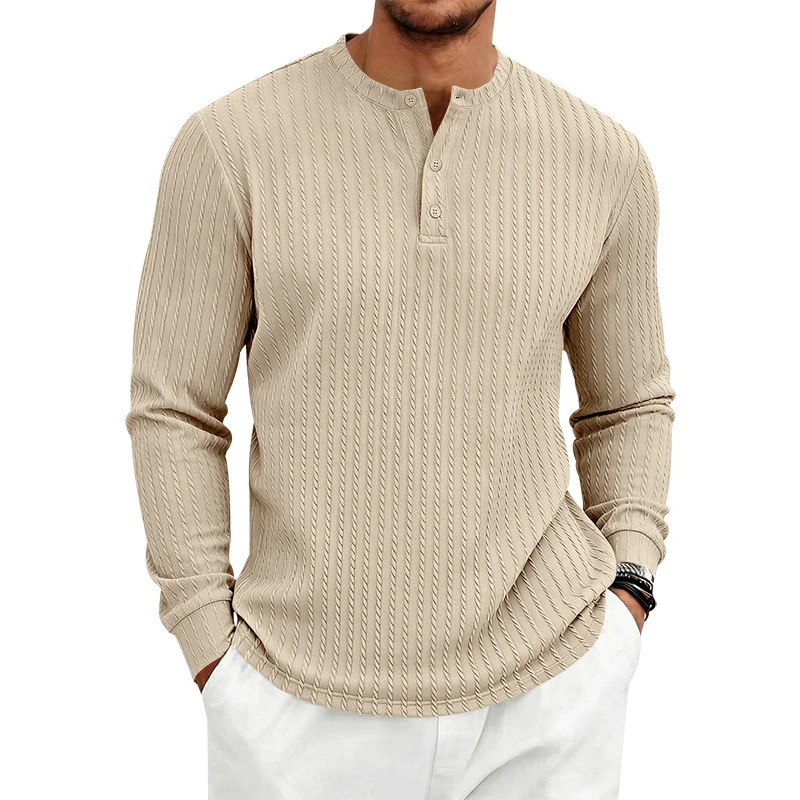 Herren Feinstrukturiertes Henley-Langarmshirt mit Zopfmuster und Knopfleiste Drune