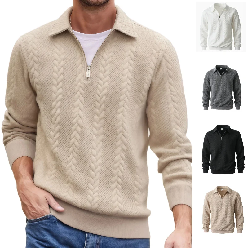 Herren Feinstrukturierter Zopfstrickpullover mit Kurzreißverschluss und Kentkragen Drune