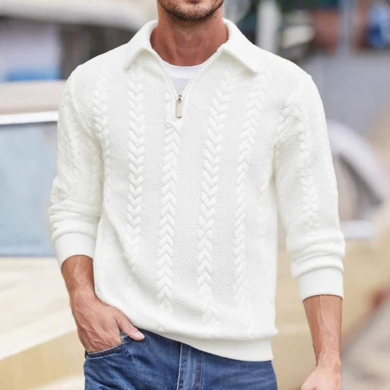 Herren Feinstrukturierter Zopfstrickpullover mit Kurzreißverschluss und Kentkragen Drune