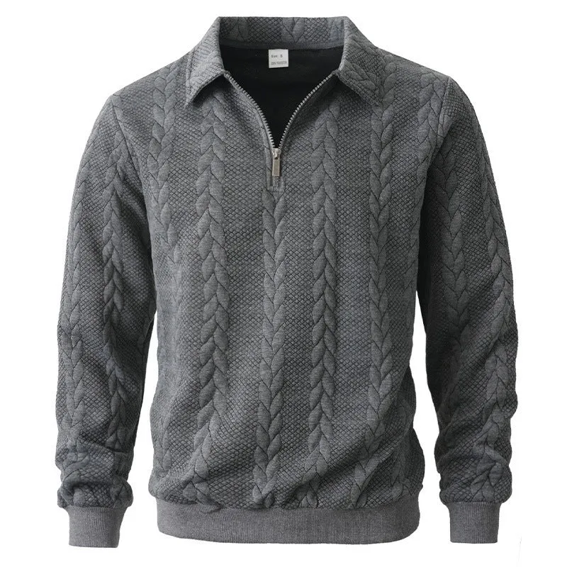 Herren Feinstrukturierter Zopfstrickpullover mit Kurzreißverschluss und Kentkragen Drune