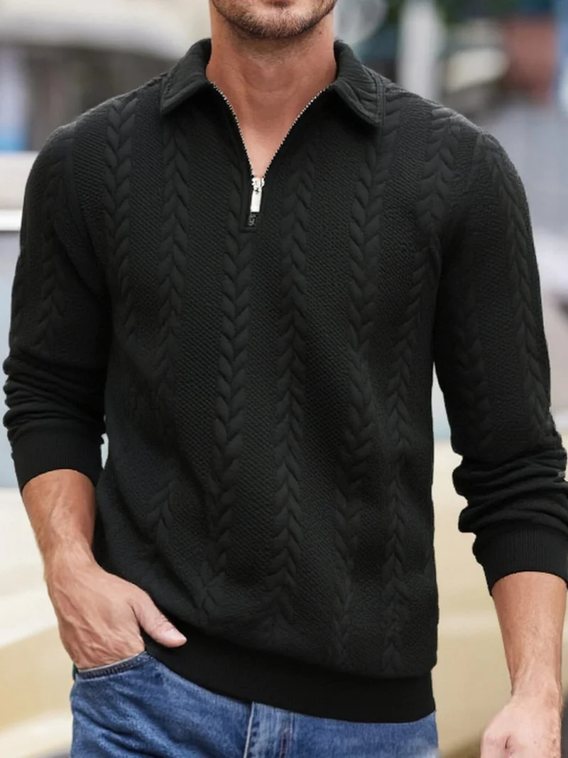 Herren Feinstrukturierter Zopfstrickpullover mit Kurzreißverschluss und Kentkragen Drune