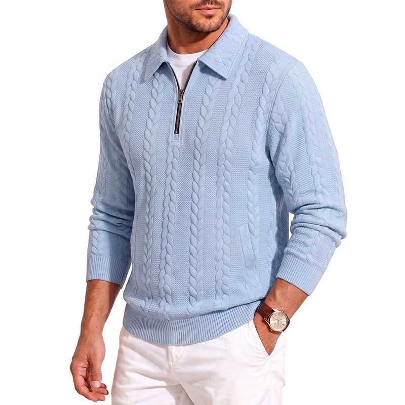 Herren Feinstrukturierter Strickpullover mit Halbzip-Kragen und Zopfmuster Drune