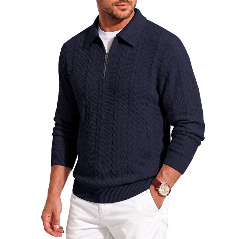 Herren Feinstrukturierter Strickpullover mit Halbzip-Kragen und Zopfmuster Drune