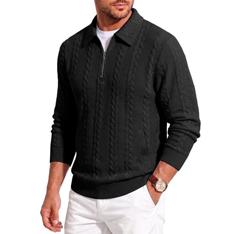 Herren Feinstrukturierter Strickpullover mit Halbzip-Kragen und Zopfmuster Drune