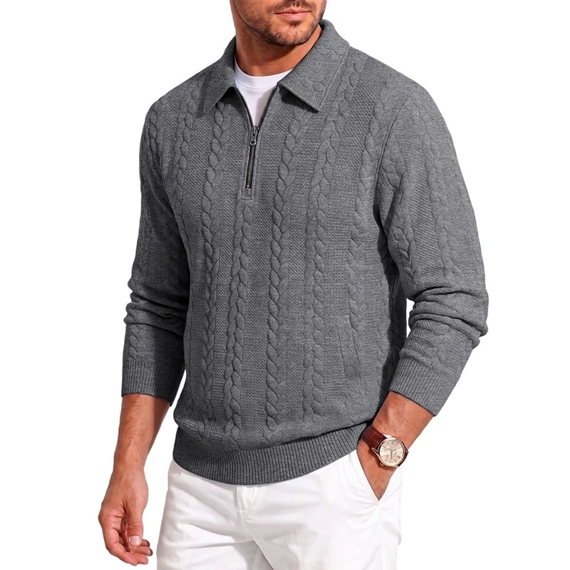 Herren Feinstrukturierter Strickpullover mit Halbzip-Kragen und Zopfmuster Drune