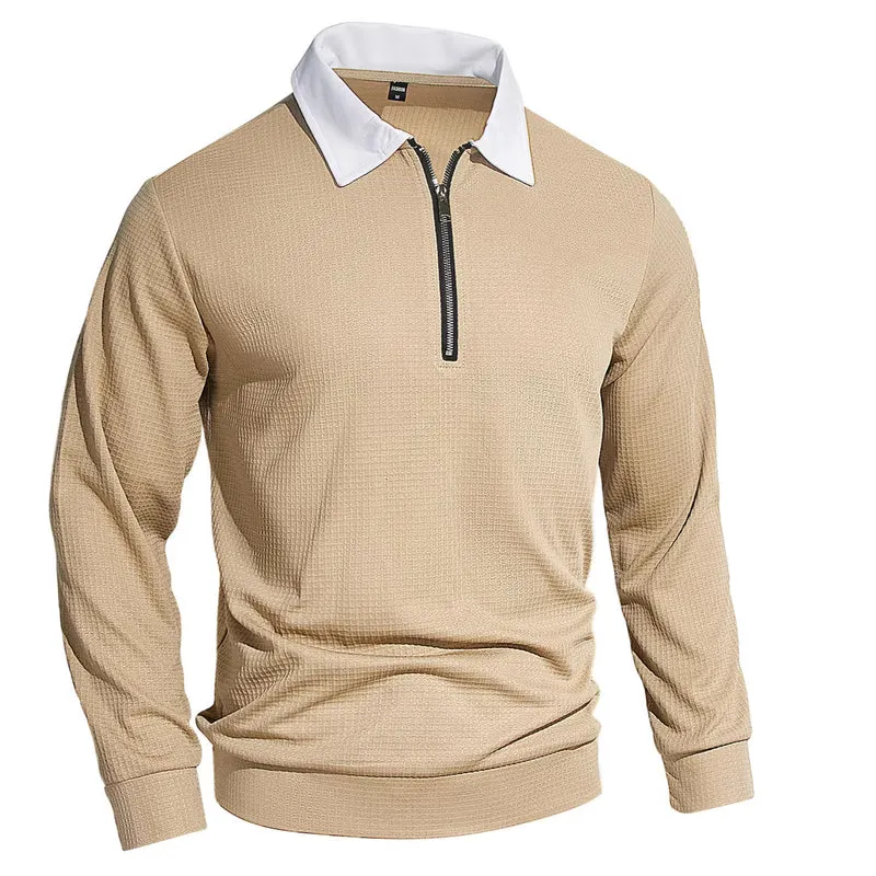 Herren Elegantes Waffelstruktur-Poloshirt mit Halbzip und Kontrastkragen Drune