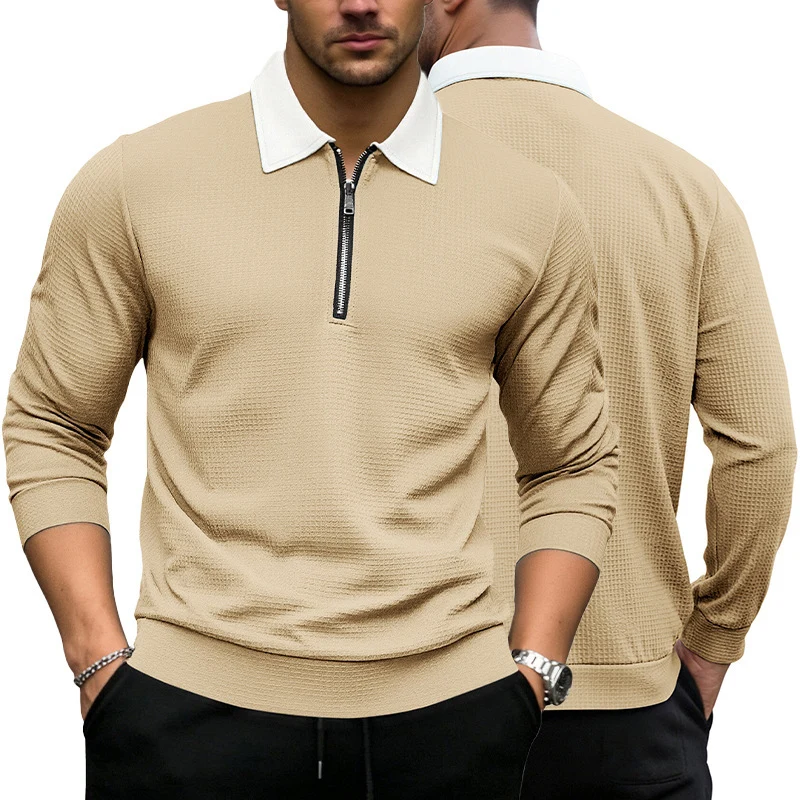 Herren Elegantes Waffelstruktur-Poloshirt mit Halbzip und Kontrastkragen Drune