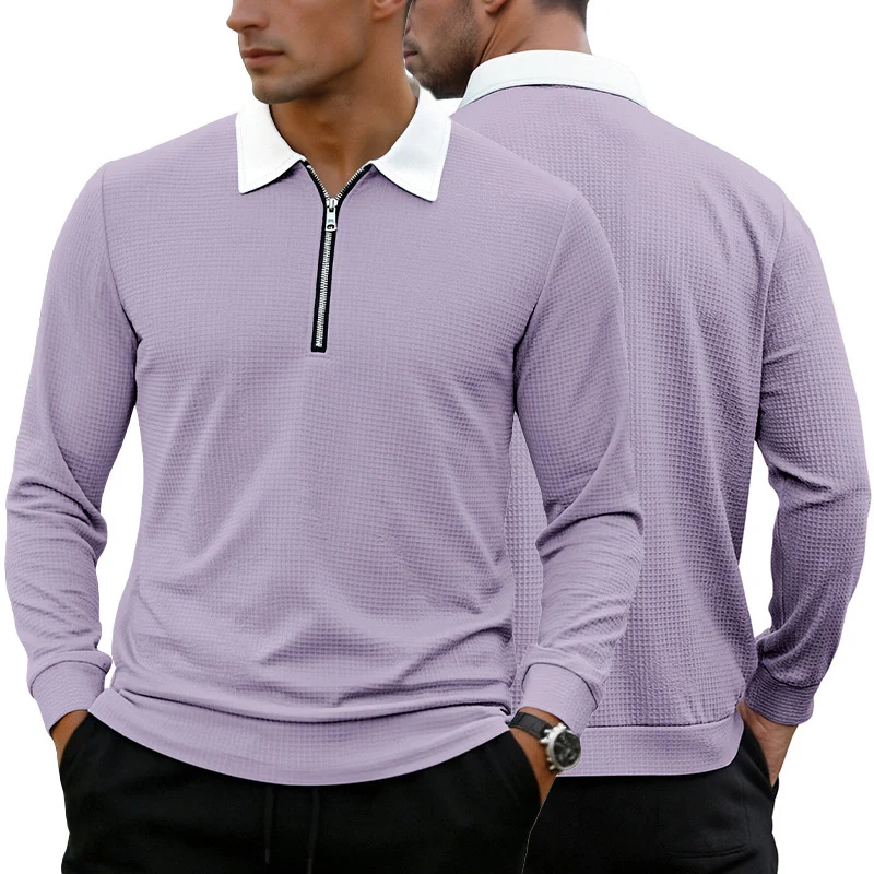 Herren Elegantes Waffelstruktur-Poloshirt mit Halbzip und Kontrastkragen Drune