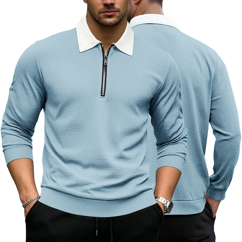 Herren Elegantes Waffelstruktur-Poloshirt mit Halbzip und Kontrastkragen Drune