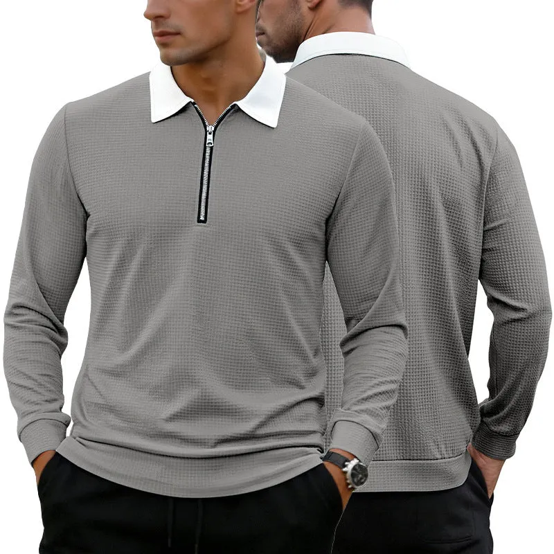 Herren Elegantes Waffelstruktur-Poloshirt mit Halbzip und Kontrastkragen Drune