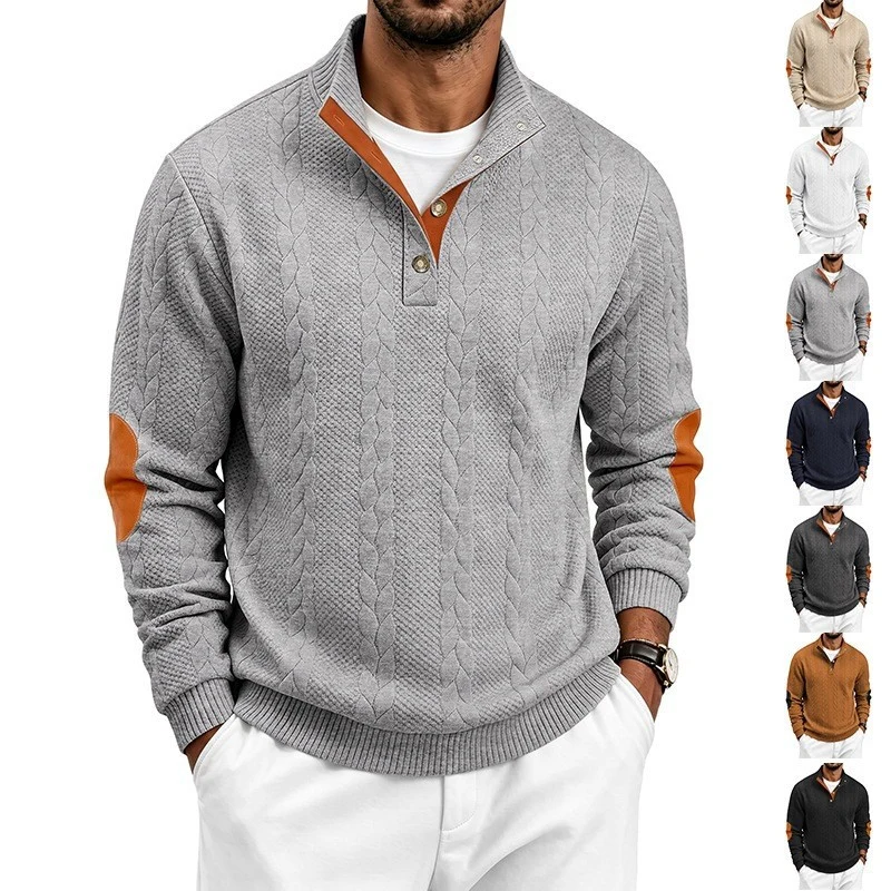 Herren Edler Zopfmuster-Strickpullover mit Kurzknopfleiste und Ellenbogenpatches Drune