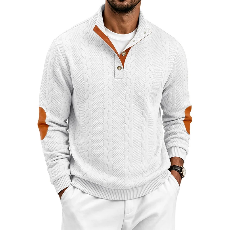 Herren Edler Zopfmuster-Strickpullover mit Kurzknopfleiste und Ellenbogenpatches Drune