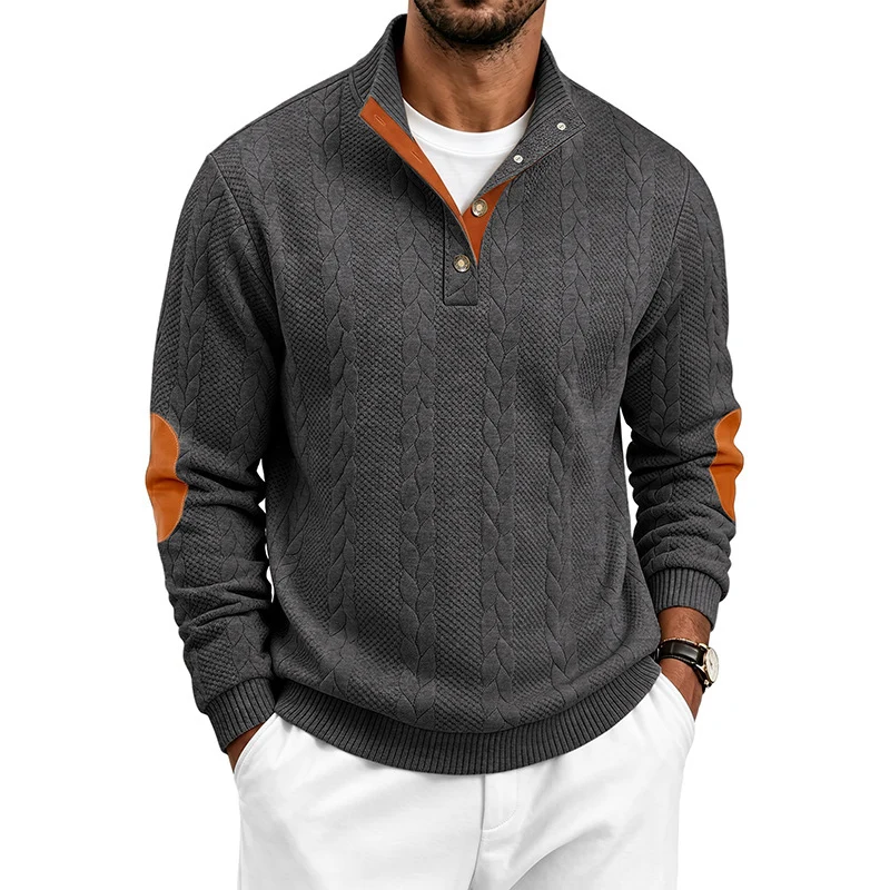 Herren Edler Zopfmuster-Strickpullover mit Kurzknopfleiste und Ellenbogenpatches Drune