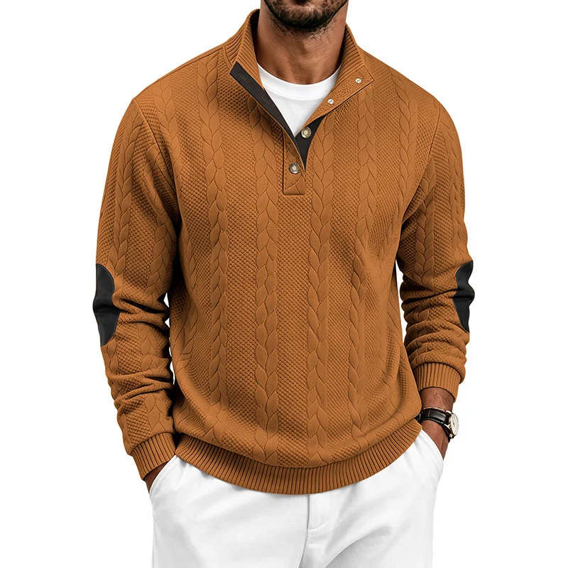 Herren Edler Zopfmuster-Strickpullover mit Kurzknopfleiste und Ellenbogenpatches Drune