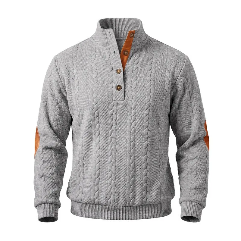 Herren Edler Zopfmuster-Strickpullover mit Kurzknopfleiste und Ellenbogenpatches Drune