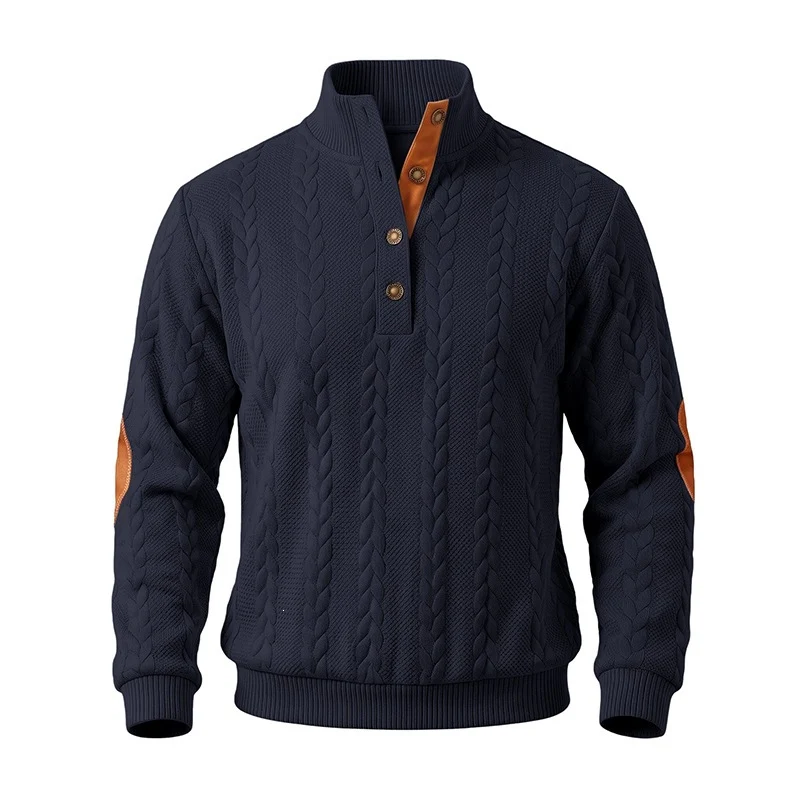 Herren Edler Zopfmuster-Strickpullover mit Kurzknopfleiste und Ellenbogenpatches Drune
