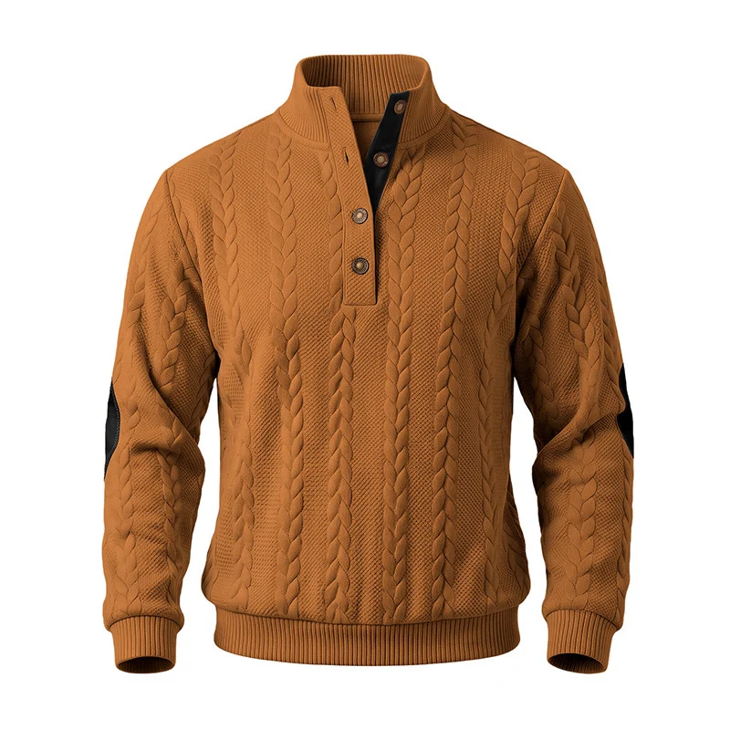 Herren Edler Zopfmuster-Strickpullover mit Kurzknopfleiste und Ellenbogenpatches Drune