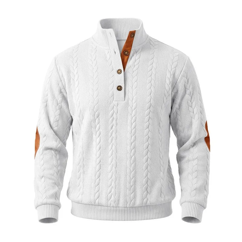 Herren Edler Zopfmuster-Strickpullover mit Kurzknopfleiste und Ellenbogenpatches Drune