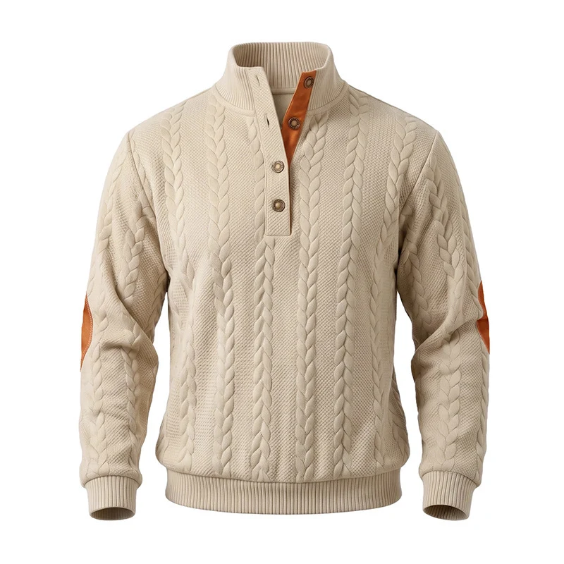 Herren Edler Zopfmuster-Strickpullover mit Kurzknopfleiste und Ellenbogenpatches Drune