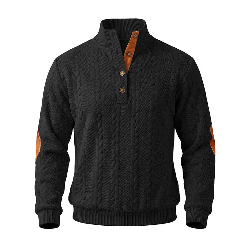Herren Edler Zopfmuster-Strickpullover mit Kurzknopfleiste und Ellenbogenpatches Drune