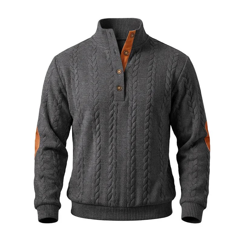 Herren Edler Zopfmuster-Strickpullover mit Kurzknopfleiste und Ellenbogenpatches Drune