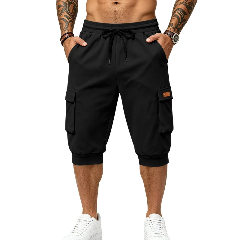 Herren Dreiviertel-Cargo-Jogginghose mit Kordelzug, aufgesetzten Taschen und Rippbündchen Drune