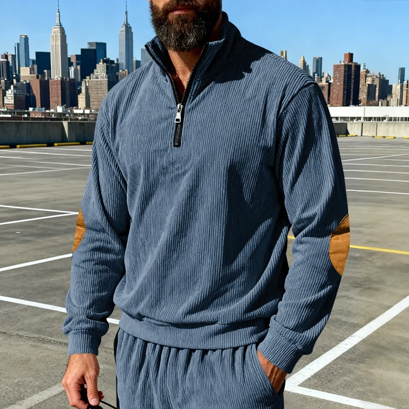 Herren Cord-Struktur-Halbzip-Pullover im Relaxed-Fit mit Stehkragen und Ellbogen-Patch Drune