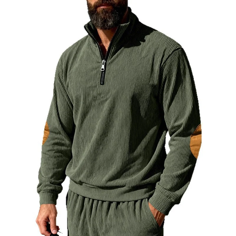 Herren Cord-Struktur-Halbzip-Pullover im Relaxed-Fit mit Stehkragen und Ellbogen-Patch Drune