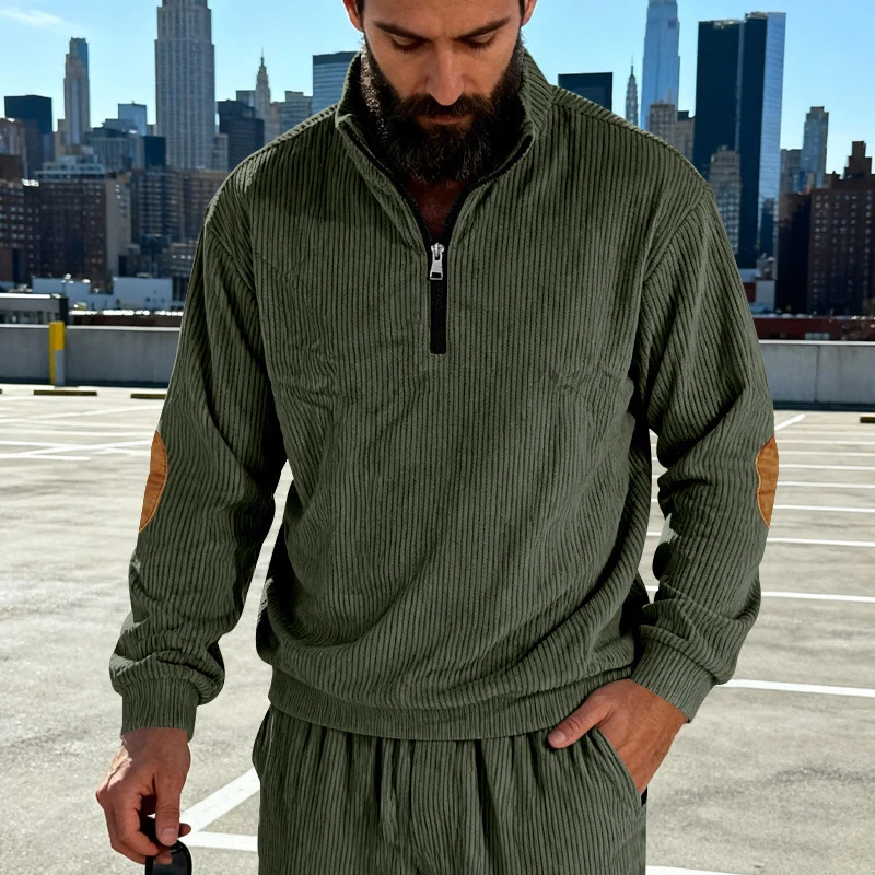 Herren Cord-Struktur-Halbzip-Pullover im Relaxed-Fit mit Stehkragen und Ellbogen-Patch Drune