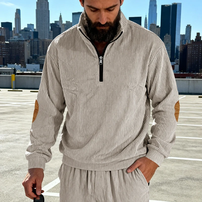 Herren Cord-Struktur-Halbzip-Pullover im Relaxed-Fit mit Stehkragen und Ellbogen-Patch Drune