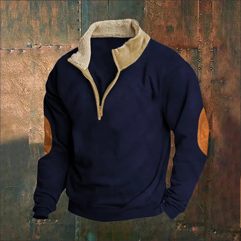 Herren Cord-Optik Halbzip-Pullover mit Teddykragen und Ellbogenbesatz Drune