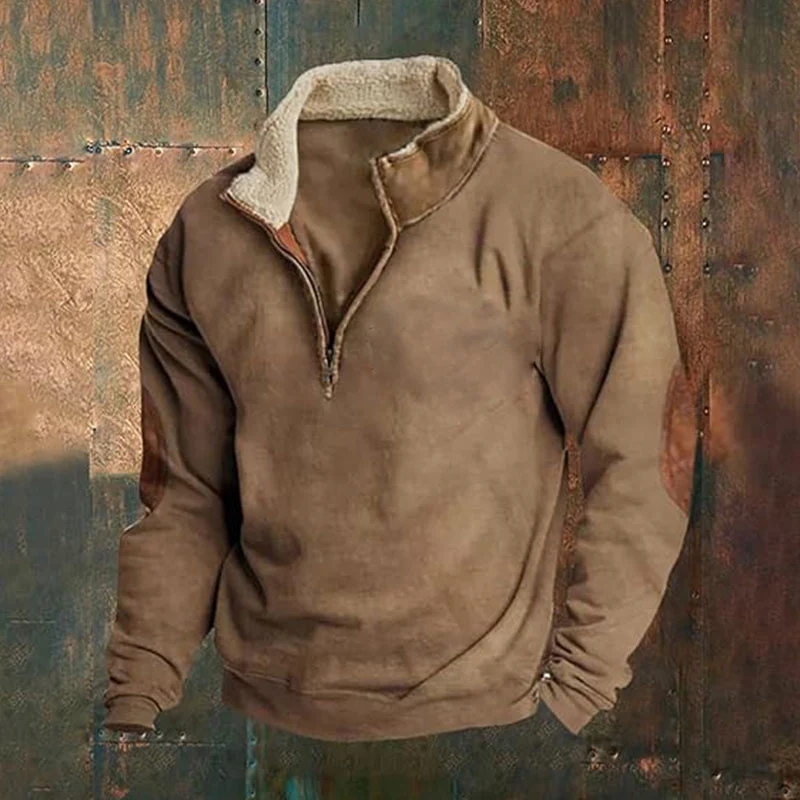 Herren Cord-Optik Halbzip-Pullover mit Teddykragen und Ellbogenbesatz Drune