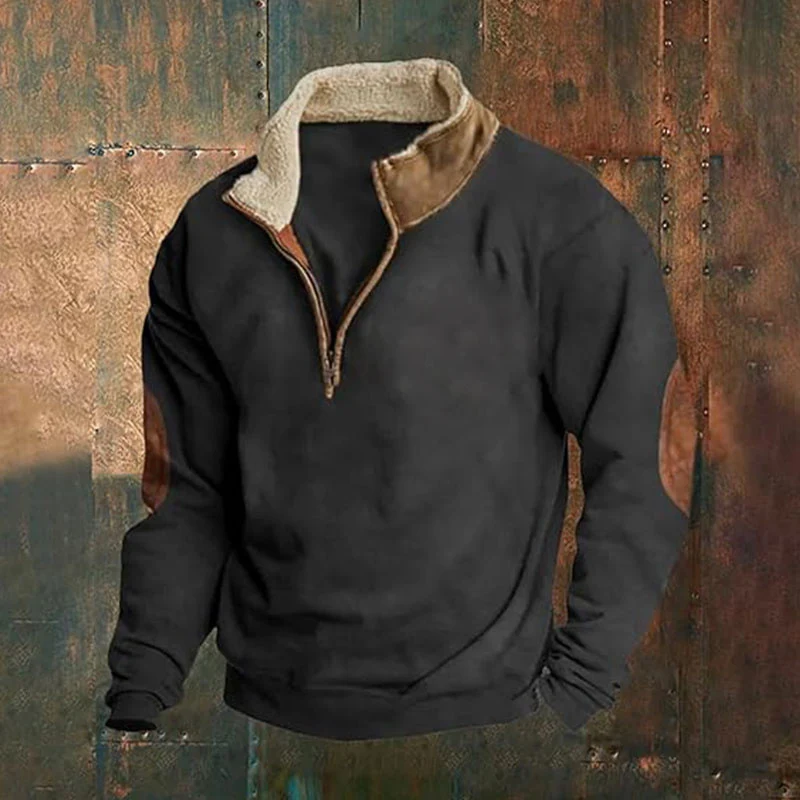 Herren Cord-Optik Halbzip-Pullover mit Teddykragen und Ellbogenbesatz Drune