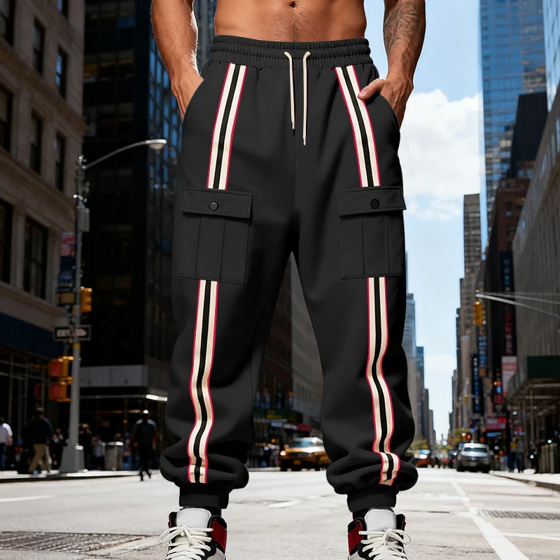 Herren Cargo-Jogginghose im Urban-Streetwear-Look mit Kontraststreifen und Klappentaschen Drune