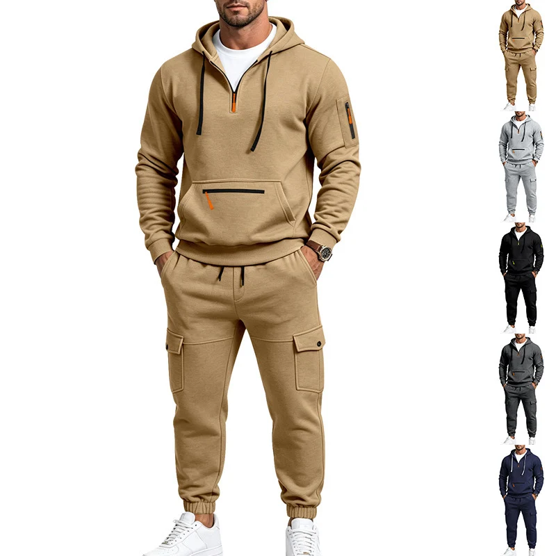Herren Cargo-Jogging-Set mit Kapuze, halbem Reißverschluss und Mehrfachtaschen Drune