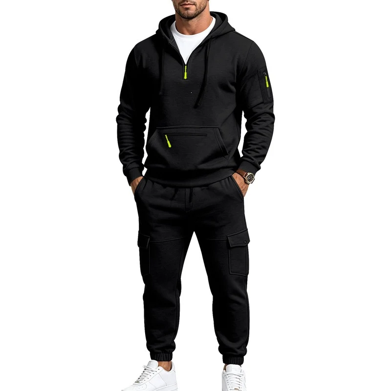 Herren Cargo-Jogging-Set mit Kapuze, halbem Reißverschluss und Mehrfachtaschen Drune