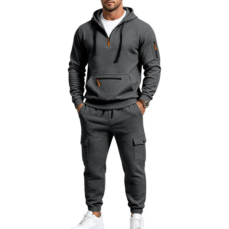 Herren Cargo-Jogging-Set mit Kapuze, halbem Reißverschluss und Mehrfachtaschen Drune