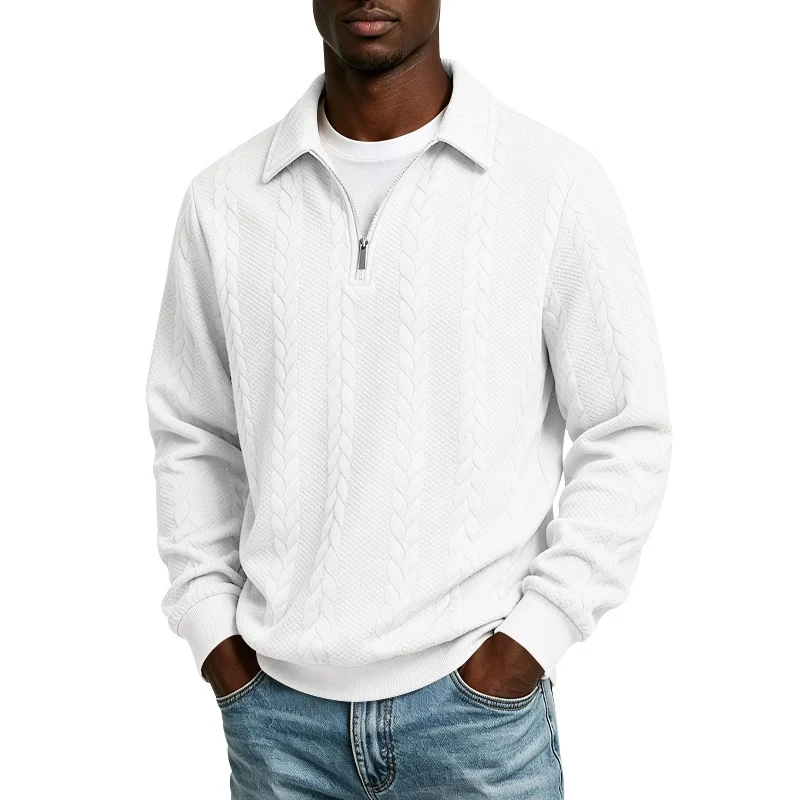 Herren Baumwollmix-Polopullover mit kurzem Frontzip und Zopfmuster Drune