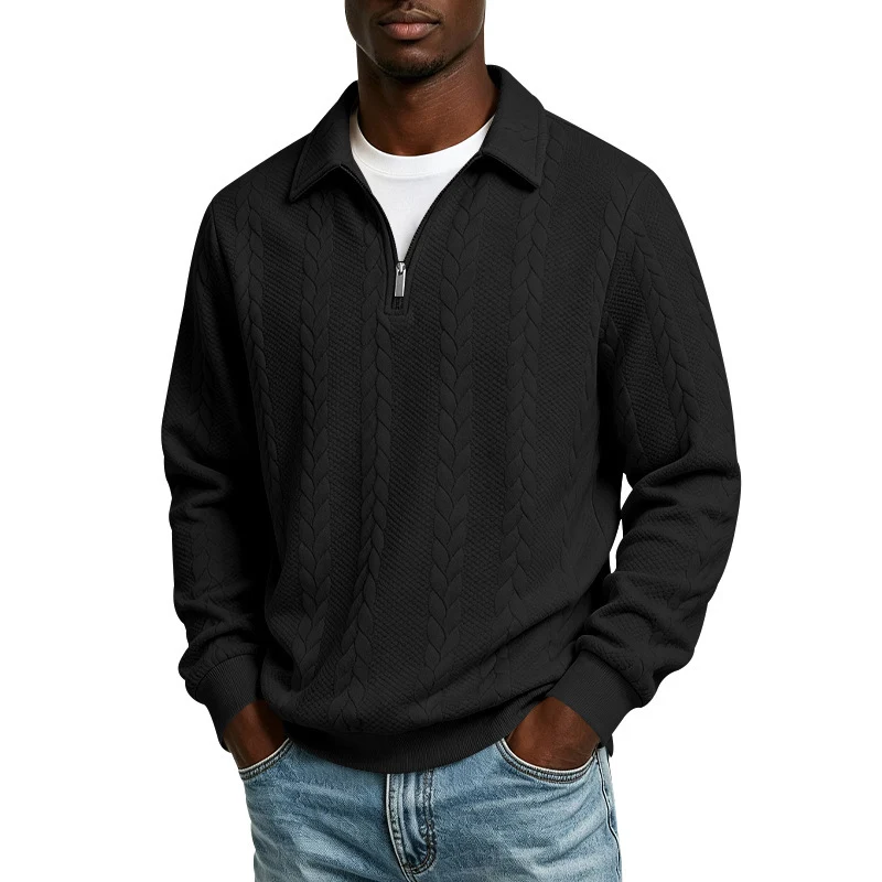 Herren Baumwollmix-Polopullover mit kurzem Frontzip und Zopfmuster Drune