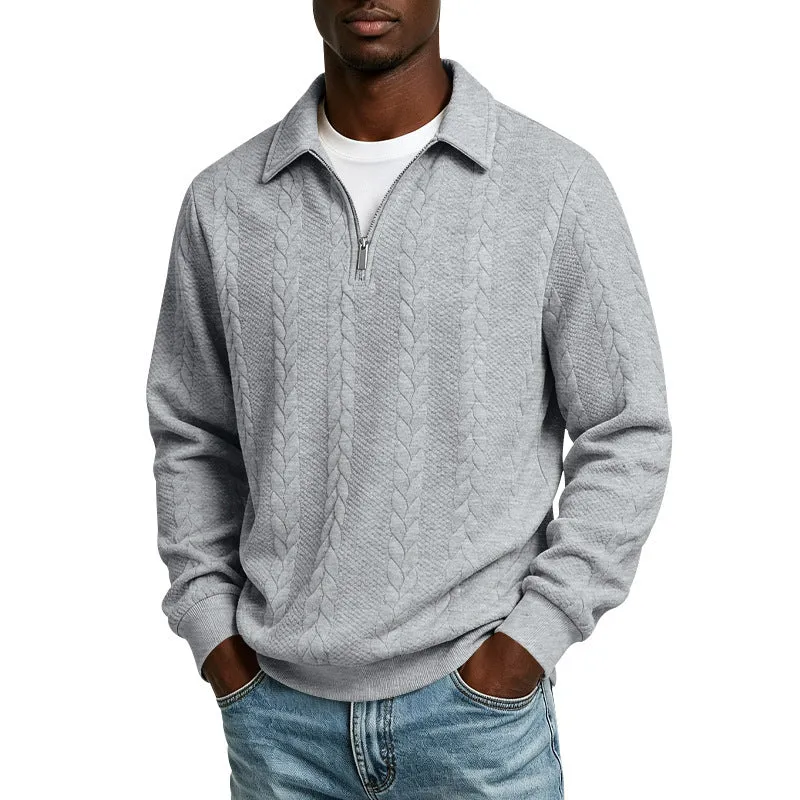 Herren Baumwollmix-Polopullover mit kurzem Frontzip und Zopfmuster Drune