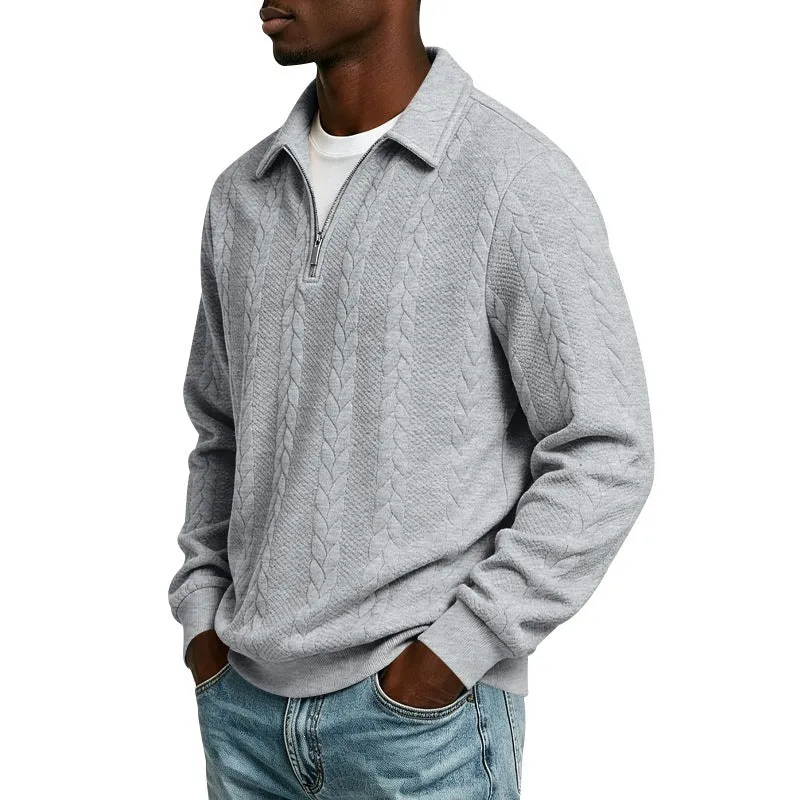 Herren Baumwollmix-Polopullover mit kurzem Frontzip und Zopfmuster Drune
